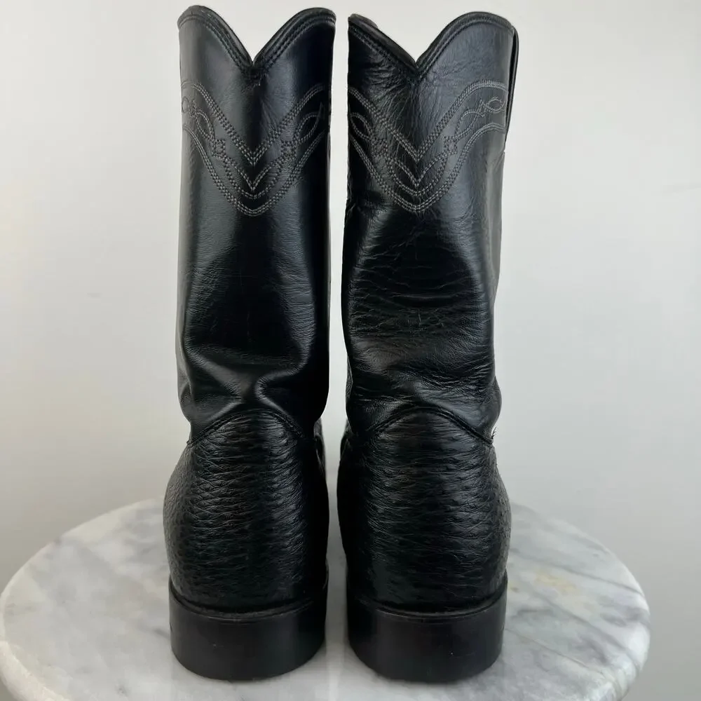 Justin 3172 Men's Exotic Roper Boot Black Smooth Ostrich Foot Roper Toe (Sz 11)